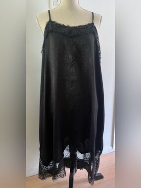 ODDI Black Satin & Lace Eyelash Trim Slip Dress - Size 2XL